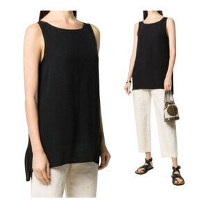 Eileen Fisher Black Silk Georgette Longline Crepe Round Neck Tank Top Women's XS
